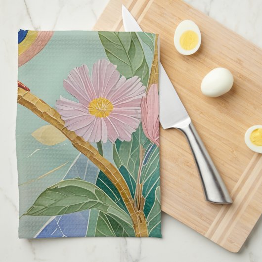 Serene Kingfisher in een bloemenparadijs Theedoek (Quarter Fold)