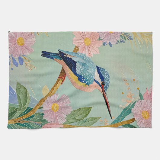 Serene Kingfisher in een bloemenparadijs Theedoek (Horizontaal)