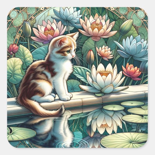 Serene Kitten Waterlily Art Nouveau Vierkante Sticker (Voorkant)