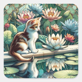 Serene Kitten Waterlily Art Nouveau Vierkante Sticker