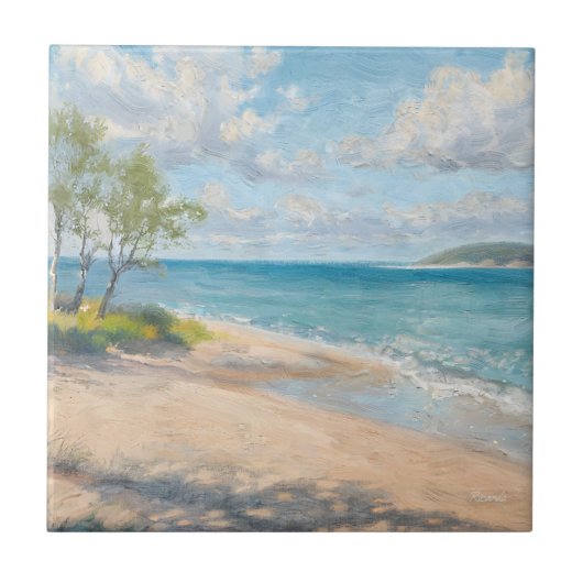 Serene Kust Ochtend Impressionistische Strand Kuns Tegeltje (Voorkant)