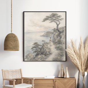 Serene Kustklif Landschap Grafiet Natuur Poster