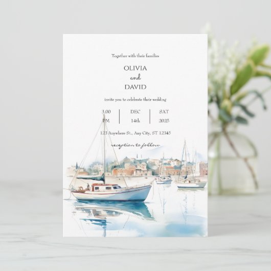 Serene kustplaats zeilboten haven strand bruiloft kaart (Staand voorkant)