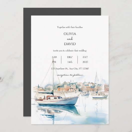Serene kustplaats zeilboten haven strand bruiloft kaart (Voorkant / Achterkant)