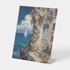 Serene Kustroos Cottage Schilderij | Mediterrane Reclamebord Met Voetstuk
