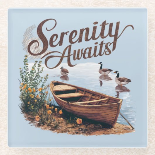 Serene Lake boot met ganzen en wilde bloemen Glazen Onderzetter (Voorkant)