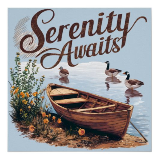 Serene Lake boot met ganzen en wilde bloemen Perfect Poster (Voorkant)