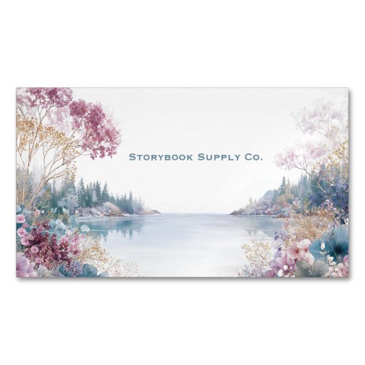 Serene Lake Landscape Pink Gold Floral Magnetisch Visitekaartje (Voorkant)