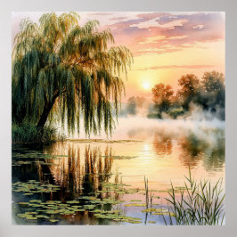 Serene Lake Sunrise met wilgenboom Poster
