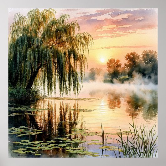 Serene Lake Sunrise met wilgenboom Poster (Voorkant)