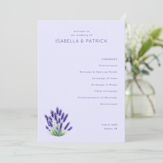 Serene Lavendel Bloemen Bruiloftsprogramma Programmakaart (Staand voorkant)