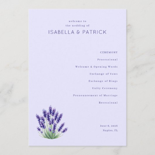 Serene Lavendel Bloemen Bruiloftsprogramma Programmakaart (Voorkant)