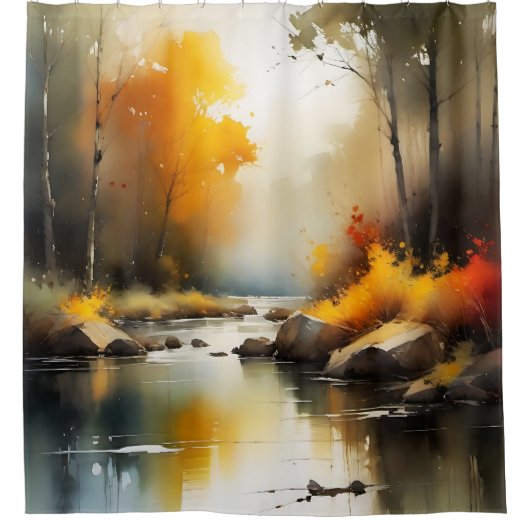 Serene levendige Autumn River landschap schilderij Douchegordijn (Voorkant)