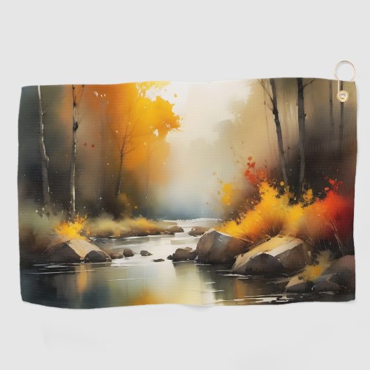 Serene levendige Autumn River landschap schilderij Golfhanddoek (Horizontaal)