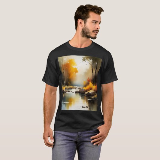 Serene levendige Autumn River landschap schilderij T-shirt (Voorkant volledig)