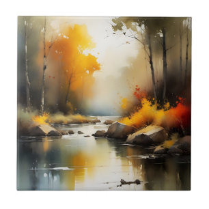 Serene levendige Autumn River landschap schilderij Tegeltje