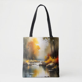 Serene levendige Autumn River landschap schilderij Tote Bag