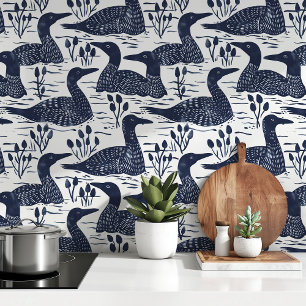 Serene Loon Patroon Blauw en Wit Natuur Ontwerp Behang