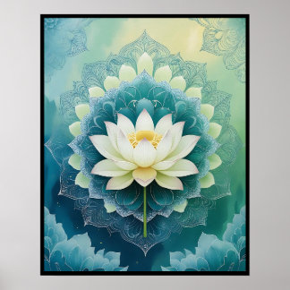 Serene Lotus Mandala over blauwe en groene meditat Poster
