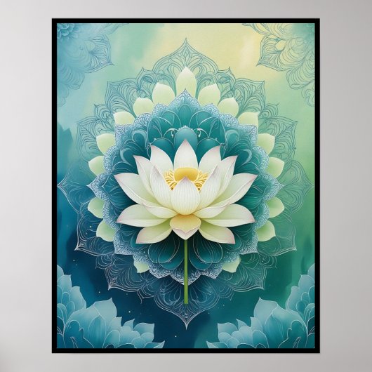 Serene Lotus Mandala over blauwe en groene meditat Poster (Voorkant)