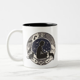 Serene Maanverlichte Katten & Meisje Silhouet Arti Tweekleurige Koffiemok