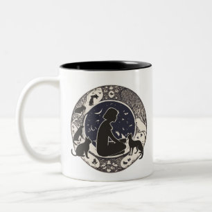 Serene Maanverlichte Katten & Meisje Silhouet Arti Tweekleurige Koffiemok
