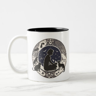 Serene Maanverlichte Katten & Meisje Silhouet Arti Tweekleurige Koffiemok