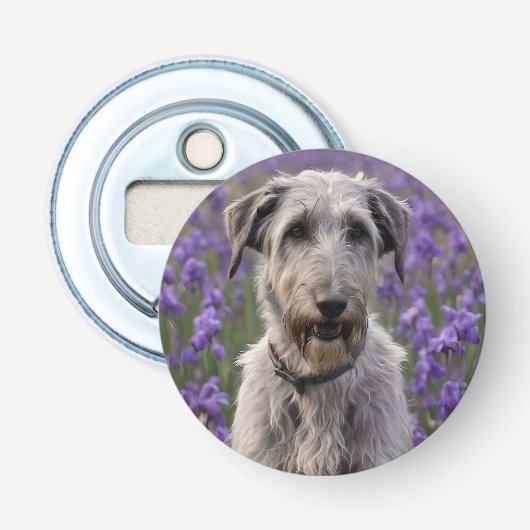 Serene Majesteit: Wolfshond in paars Iris veld, Button Flesopener (Voorkant)