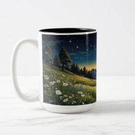 Serene Meadow Under Starry Sky Moonlit Wilde bloem Tweekleurige Koffiemok