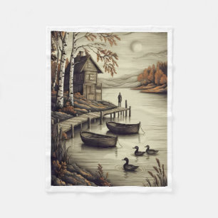 Serene meer blokhut en boten fleece deken