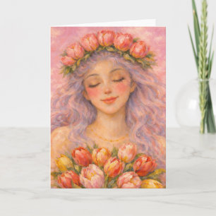 Serene Meisje met Roze Tulpen Kaart