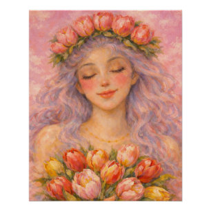 Serene Meisje met Roze Tulpen Perfect Poster