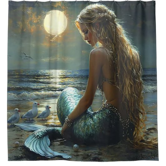 Serene Mermaid Sunset Douchegordijn (Voorkant)