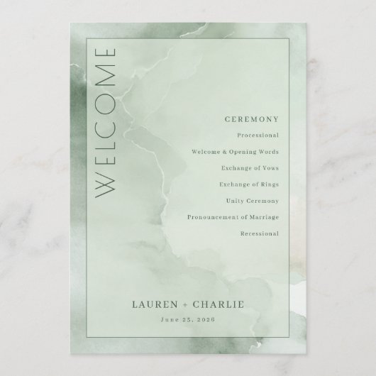 Serene Mint Watercolor Ceremonie Schema Programmakaart (Voorkant)