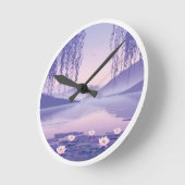 Serene Misty Lake at Dawn Circular Art Print Ronde Klok (Hoek)