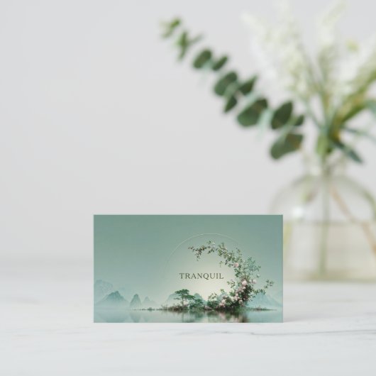 Serene Misty Lake Pink Floral Arch Mountain Zen Visitekaartje (Staand voorkant)