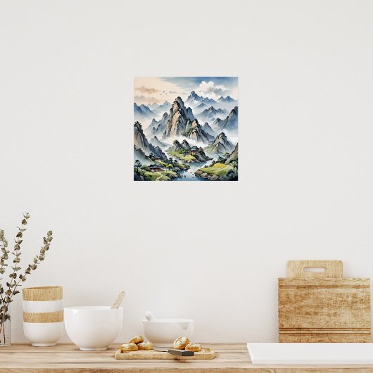 Serene Misty Mountains, rustig landschap Poster (Keuken)