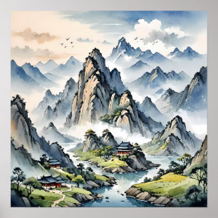 Serene Misty Mountains, rustig landschap Poster