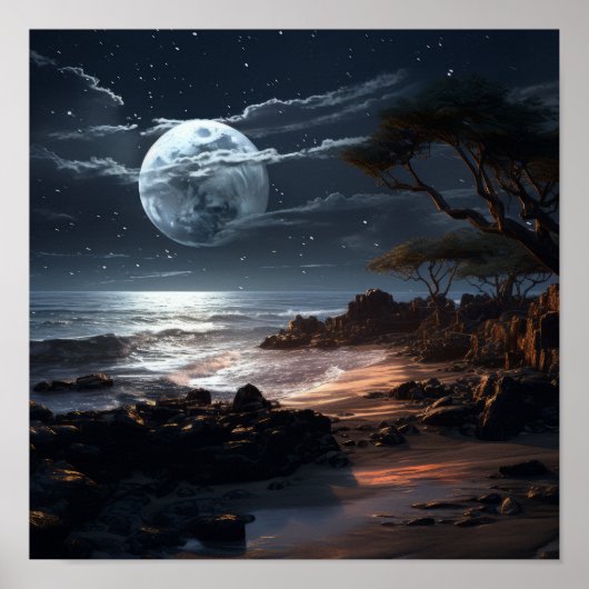 Serene Moon bij Night Poster | Tranquil Natuur Wal (Voorkant)