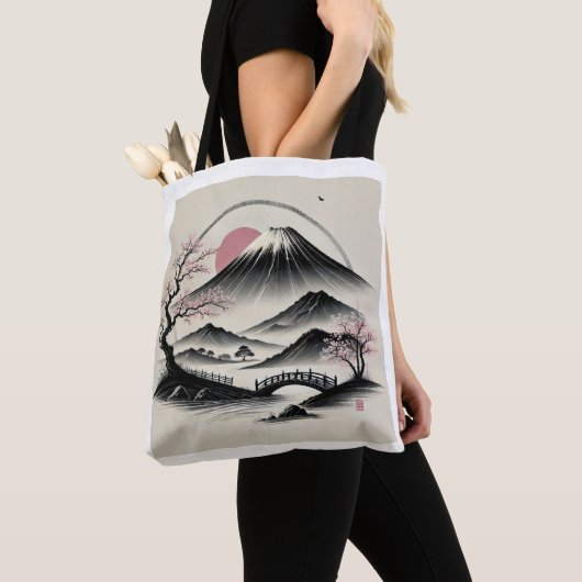 Serene Mount Fuji en Cherry Blossom Ink Art Tote Bag (Dichtbij)