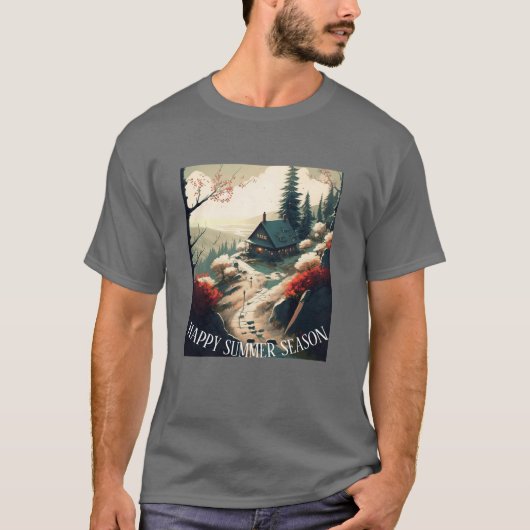Serene Mountain Cabin Landschap Zomer Seizoen T-shirt (Voorkant)