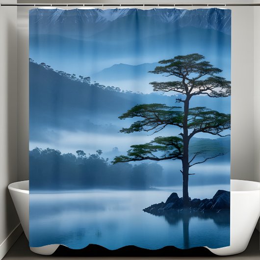 Serene Mountain Cool Ocean Breeze Pine Tree Douchegordijn