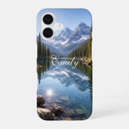 Serene Mountain Lake Landscape Personalized Name iPhone 16 Hoesje