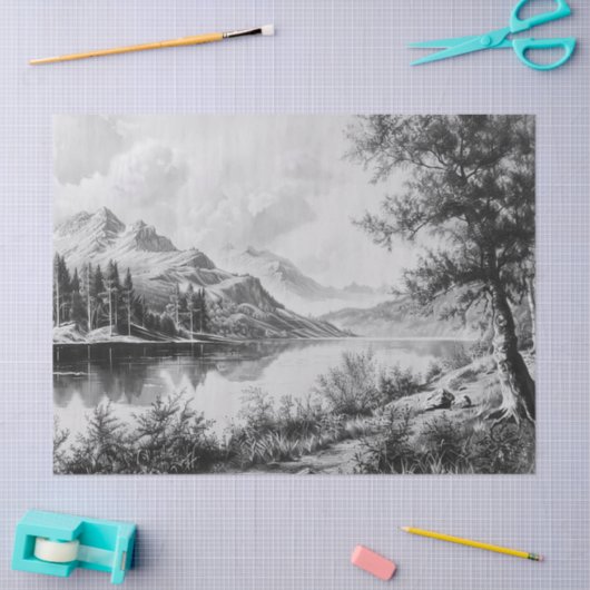 Serene Mountain Lake zwart en wit decoupage Tissuepapier (Craft)