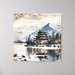 Serene Mountain Pagoda (Winter) Canvas Afdruk