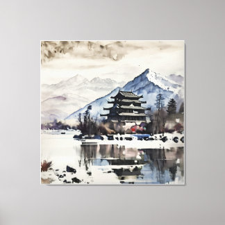 Serene Mountain Pagoda (Winter)  Canvas Afdruk