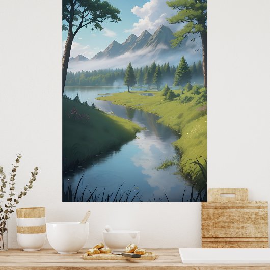 Serene Mountain River Poster (Keuken)