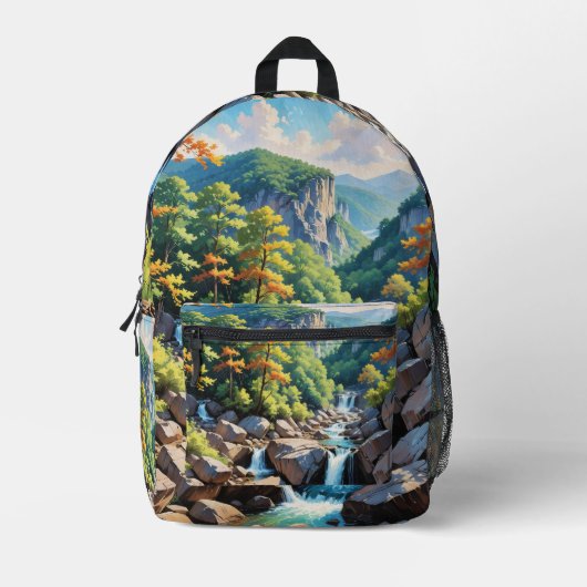Serene Mountain Waterval Landschap Bedrukte Rugzak (Voorkant)