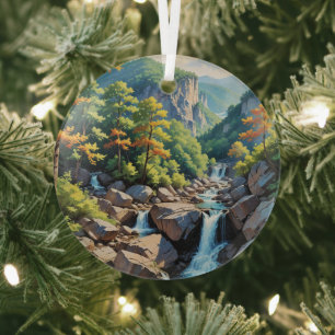 Serene Mountain Waterval Landschap Glas Ornament