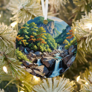 Serene Mountain Waterval Landschap Metalen Ornament